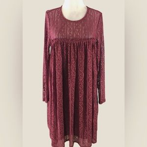Altar'd State S Burgundy Lace Swing Babydoll dress long sleeve Exposed Zip Cute